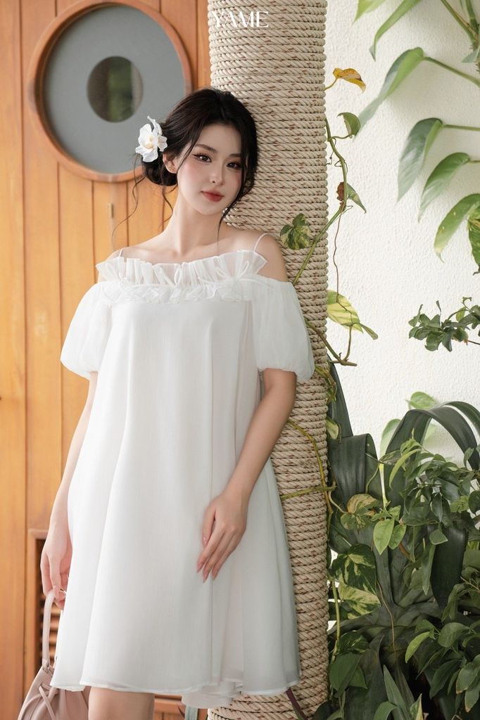 Váy nữ dáng suông freesize hai dây trễ vai tay bo chun đính ren nhún trang trí mặc hè YAME YV391