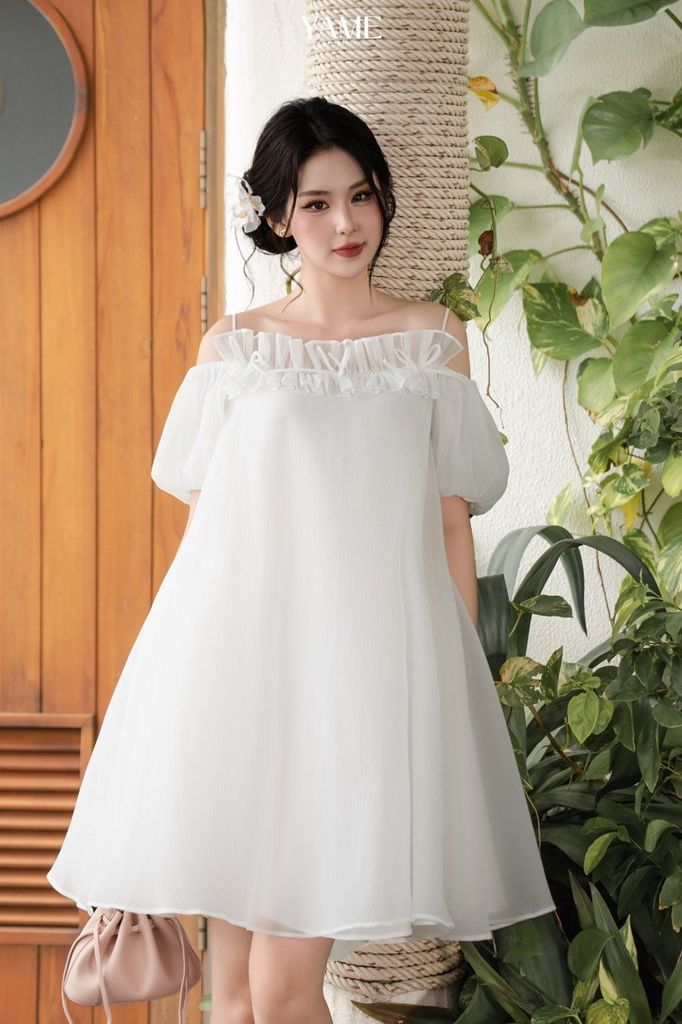 Váy nữ dáng suông freesize hai dây trễ vai tay bo chun đính ren nhún trang trí mặc hè YAME YV391