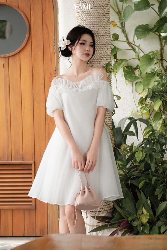 Váy nữ dáng suông freesize hai dây trễ vai tay bo chun đính ren nhún trang trí mặc hè YAME YV391