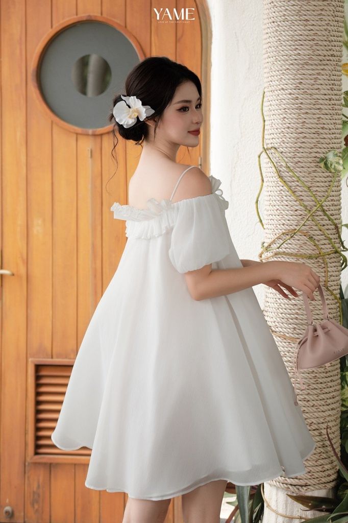 Váy nữ dáng suông freesize hai dây trễ vai tay bo chun đính ren nhún trang trí mặc hè YAME YV391