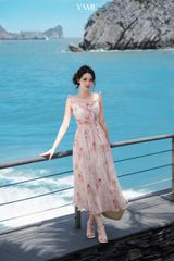 Váy nữ dáng dài hai dây nhún eo thắt nơ trang trí vải tơ ngọc trai hoạ tiết hoa mặc hè YAME YV399