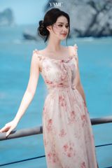 Váy nữ dáng dài hai dây nhún eo thắt nơ trang trí vải tơ ngọc trai hoạ tiết hoa mặc hè YAME YV399
