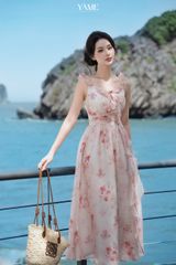 Váy nữ dáng dài hai dây nhún eo thắt nơ trang trí vải tơ ngọc trai hoạ tiết hoa mặc hè YAME YV399