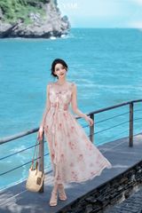 Váy nữ dáng dài hai dây nhún eo thắt nơ trang trí vải tơ ngọc trai hoạ tiết hoa mặc hè YAME YV399