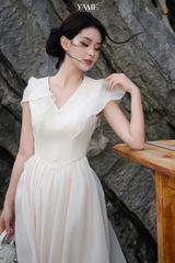 Váy nữ dáng dài vải tơ óng tay chờm cổ V đính cúc tùng xếp ly YAME YV400