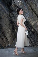 Váy nữ dáng dài vải tơ óng tay chờm cổ V đính cúc tùng xếp ly YAME YV400