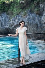 Váy nữ dáng dài vải tơ óng tay chờm cổ V đính cúc tùng xếp ly YAME YV400