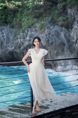 Váy nữ dáng dài vải tơ óng tay chờm cổ V đính cúc tùng xếp ly YAME YV400