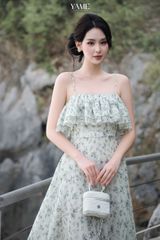 Váy nữ dáng dài hai dây bản nhỏ nhún bèo ngực vải đũi trắng ép hoa xanh mặc hè YAME YV398