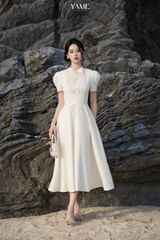 Váy nữ dáng dài xếp ly ngực tay phồng có dây đai buộc dịu dàng, thanh lịch YAME YV392