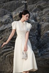 Váy nữ dáng dài xếp ly ngực tay phồng có dây đai buộc dịu dàng, thanh lịch YAME YV392