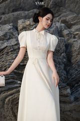 Váy nữ dáng dài xếp ly ngực tay phồng có dây đai buộc dịu dàng, thanh lịch YAME YV392