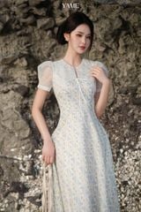 Váy nữ dáng dài tay bồng vải phối ren hoạ tiết hoa đính nơ trang trí thanh lịch mặc hè YAME YV393
