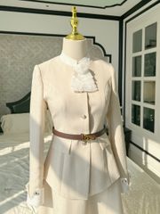 Set bộ Áo dài tay kèm Chân váy dáng A dạ hàn cao cấp màu be phối trắng YAME AS301