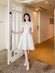 Váy nữ dáng A tay ngắn chùm vai đính hoa cài vải tafta vân gỗ be ánh xanh YAME YV292