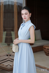 Váy A-line xanh thiên thanh vai chờm có mút đệm YAME YV695