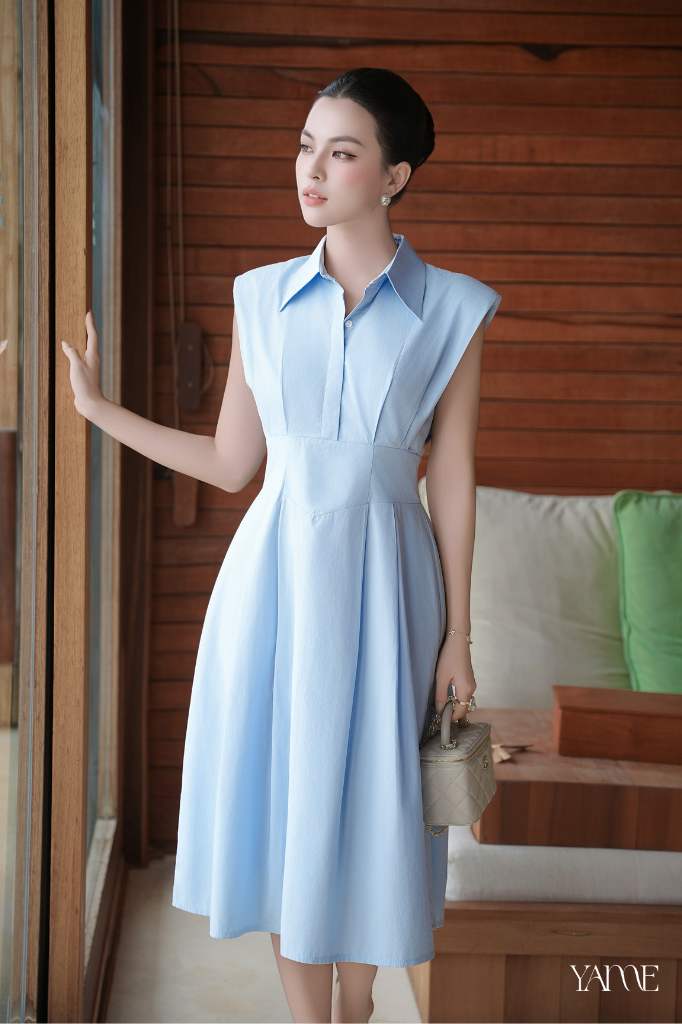 Váy A-line xanh thiên thanh vai chờm có mút đệm YAME YV695