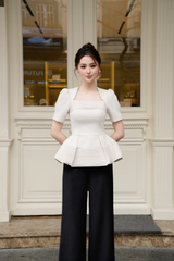 Set nữ dáng peplum xếp ly gân nổi vải tafta màu be sáng YAME YA329 YQ329