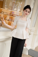 Set nữ dáng peplum xếp ly gân nổi vải tafta màu be sáng YAME YA329 YQ329