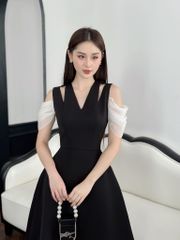Váy nữ dáng dài cut-out khoét vai tay rủ phối tơ YAME YV237
