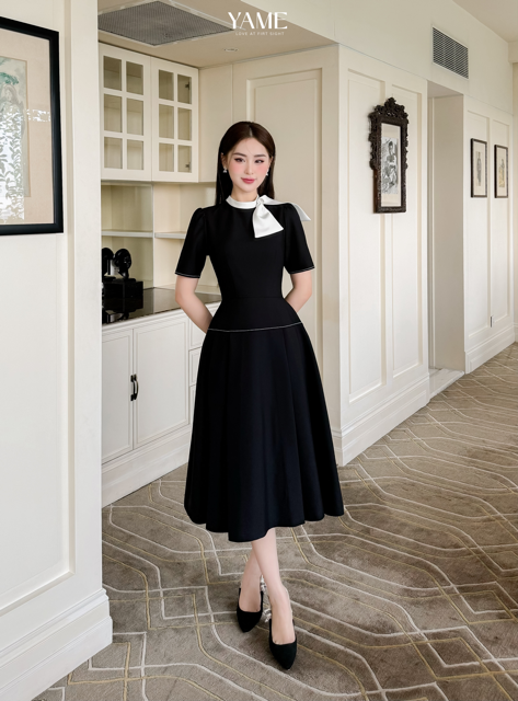 Váy nữ dáng xoè phối cổ trắng cài nơ vải tháo rời tùng trần chỉ phối YAME YV284