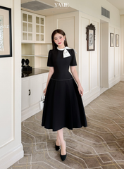 Váy nữ dáng xoè phối cổ trắng cài nơ vải tháo rời tùng trần chỉ phối YAME YV284