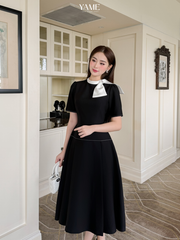 Váy nữ dáng xoè phối cổ trắng cài nơ vải tháo rời tùng trần chỉ phối YAME YV284