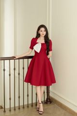 Váy nữ dáng xòe màu đỏ cổ xếp nơ lệch phối trắng YAME YV302