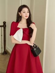 Váy nữ dáng xòe màu đỏ cổ xếp nơ lệch phối trắng YAME YV302