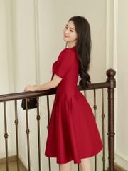 Váy nữ dáng xòe màu đỏ cổ xếp nơ lệch phối trắng YAME YV302
