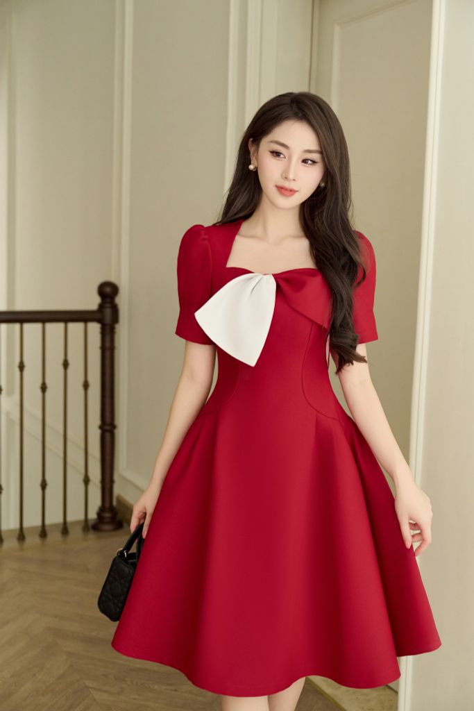 Váy nữ dáng xòe màu đỏ cổ xếp nơ lệch phối trắng YAME YV302