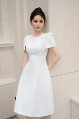Váy nữ dáng A màu trắng đính hạt cườm vai chờm cách điệu thanh lịch YAME YV335