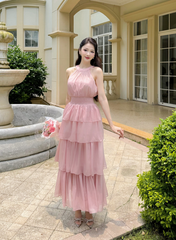 Váy nữ dáng dài cổ yếm thắt nơ xòe tầng bo chun eo vải tơ mềm màu hồng pastel YAME YV383