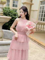 Váy nữ dáng dài cổ yếm thắt nơ xòe tầng bo chun eo vải tơ mềm màu hồng pastel YAME YV383
