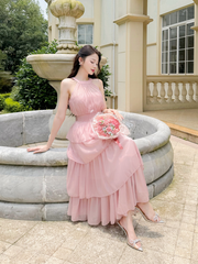 Váy nữ dáng dài cổ yếm thắt nơ xòe tầng bo chun eo vải tơ mềm màu hồng pastel YAME YV383