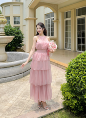 Váy nữ dáng dài cổ yếm thắt nơ xòe tầng bo chun eo vải tơ mềm màu hồng pastel YAME YV383