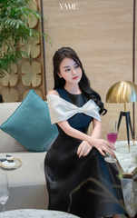 Váy nữ vải tafta dáng xòe thiết kế nơ phủ vai cách điệu YAME YV485