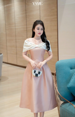 Váy nữ vải tafta dáng xòe thiết kế nơ phủ vai cách điệu YAME YV485