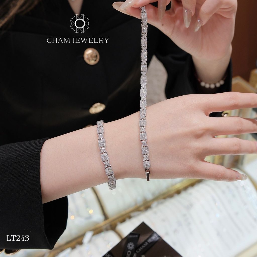 Lắc Tay LT243 CHAM JEWELRY, Full Xoàn Vuông Hoa Chủ 3.0mm(Barcode TLT1048).