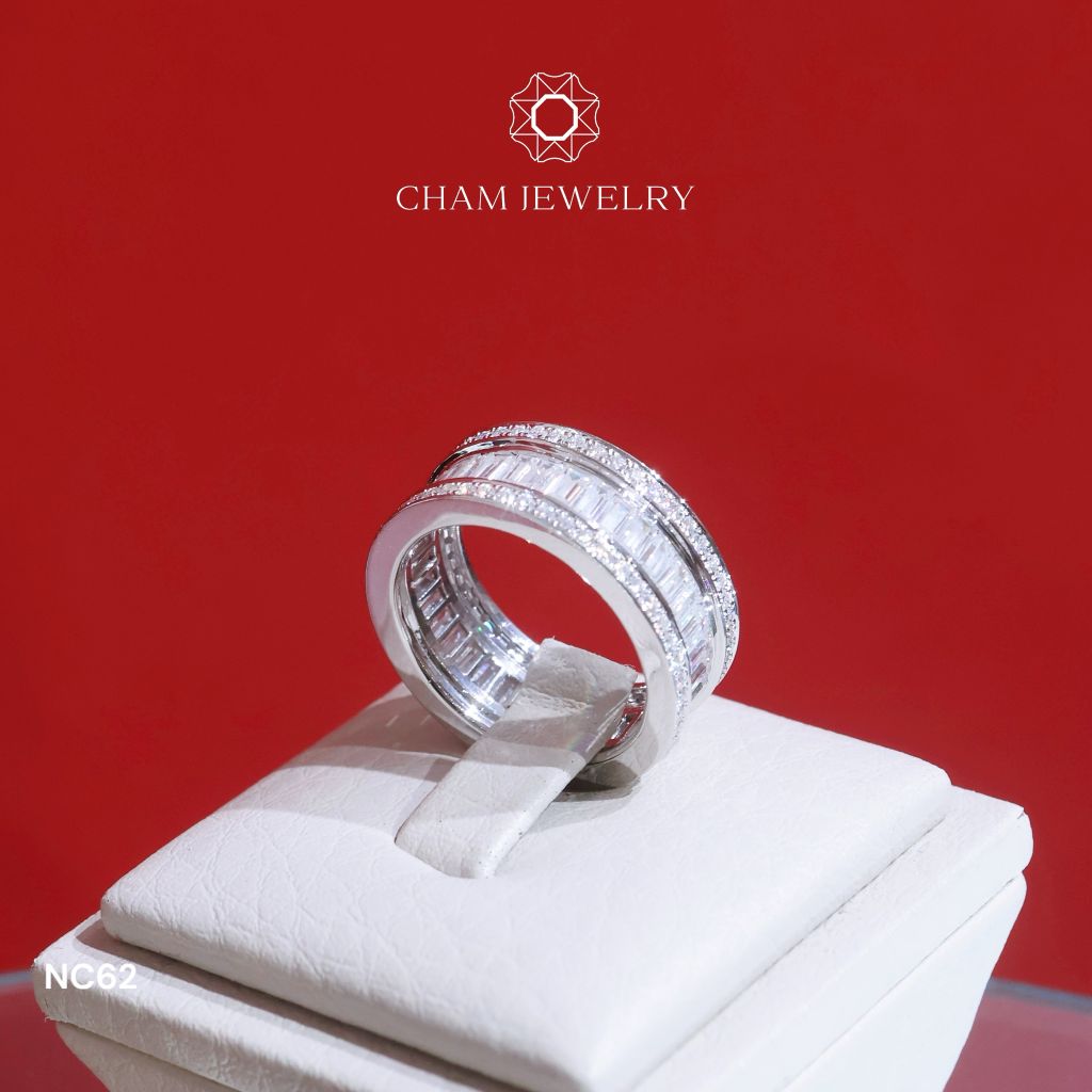 Nhẫn NC62 CHAM JEWELRY, Full Kim Cương Moissanite, Bản 8.0mm (Barcode ONNU78)