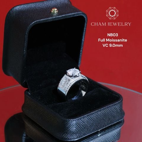 Nhẫn Nam NB03 CHAM JEWELRY, Full Kim Cương Moissanite Cao Cấp. Viên Chủ 9.0mm ( Barcode TVM47).