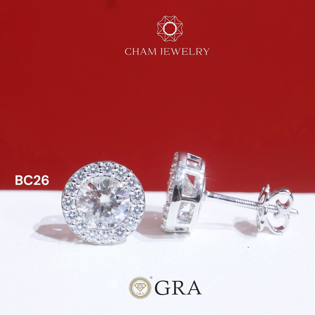 Hoa Tai CHAM JEWELRY BC26, Full Moissanite Chủ 6.3mm (Barcode OB54)
