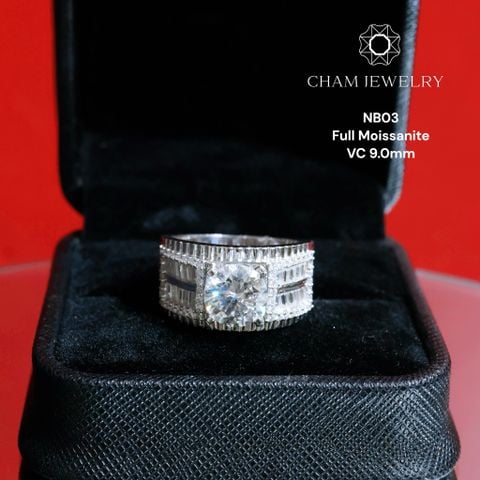 Nhẫn Nam NB03 CHAM JEWELRY, Full Kim Cương Moissanite Cao Cấp. Viên Chủ 9.0mm ( Barcode TVM47).
