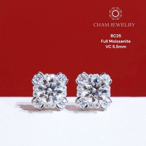 Hoa Tai BC25 CHAM JEWELRY, Full Moissannite Chủ 5.5mm(Barcode TVM61).