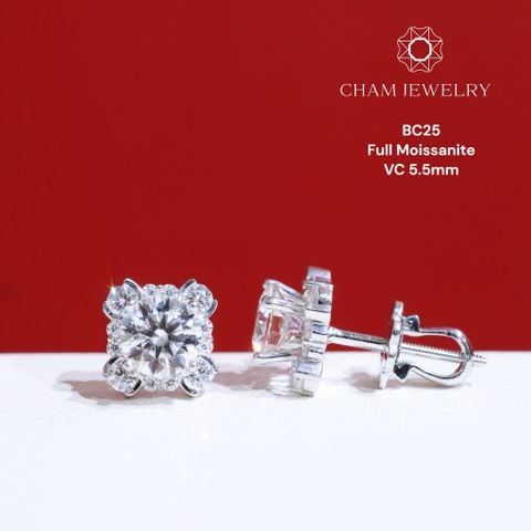 Hoa Tai BC25 CHAM JEWELRY, Full Moissannite Chủ 5.5mm(Barcode TVM61).