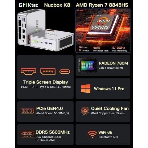 GMK K6 7840HS Máy Tính AMD Gaming Mini PC Windows 11 Pro Dual LAN 2.5Gbps