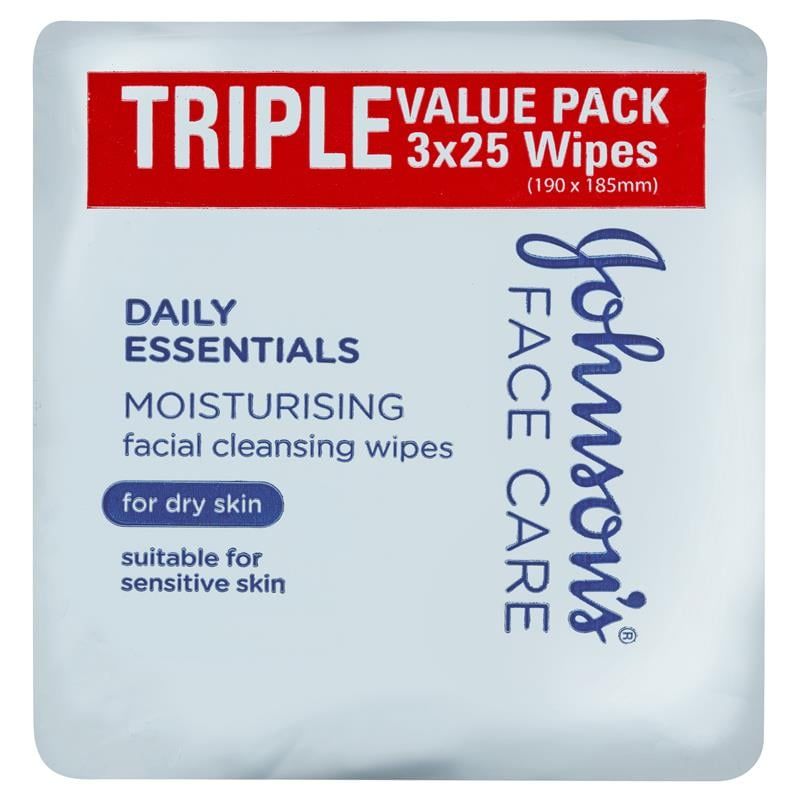 Khăn lau mặt dưỡng ẩm Johnson's Face Care dành cho da khô 3 x 25 gói