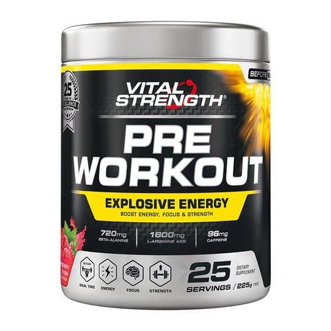 Bột tập luyện trước VitalStrength Raspberry Rush 225g