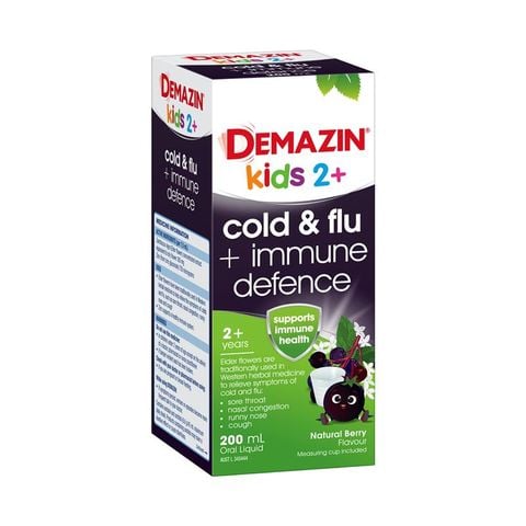 Demazin Kids 2+ Cảm lạnh & Cúm + Bảo vệ miễn dịch Dung dịch uống Berry tự nhiên 200mL
