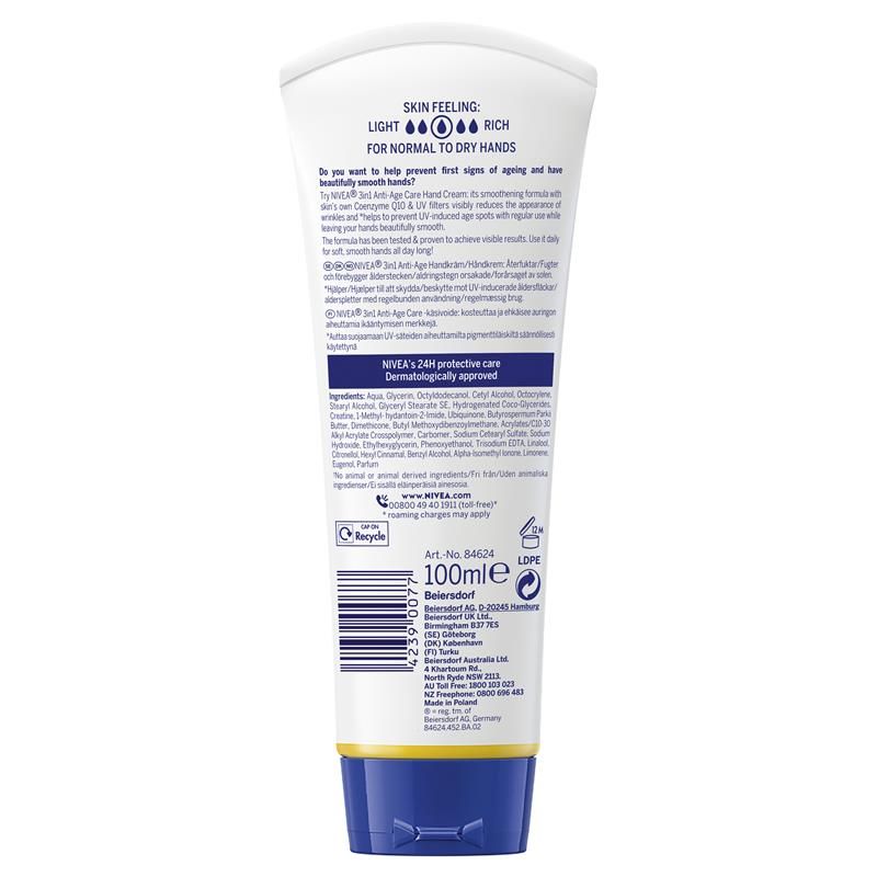 Kem dưỡng da tay chống lão hóa NIVEA Q10 3 trong 1 có bộ lọc tia UV 100ml